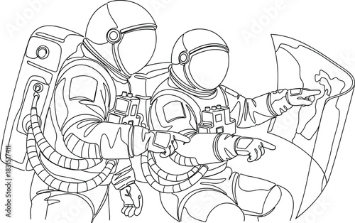 Space explorers line art, astronaut suit sketch, life support backpack, world map illustration, pointing gesture drawing, cosmic travel outline, science education art, space adventure design