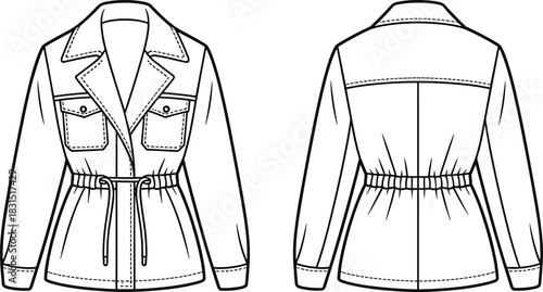 Stylish utility jacket illustration, trench collar, front and back view, belted waist, cargo pockets, fashion sketch, casual outerwear drawing, modern coat design, minimalist line art apparel