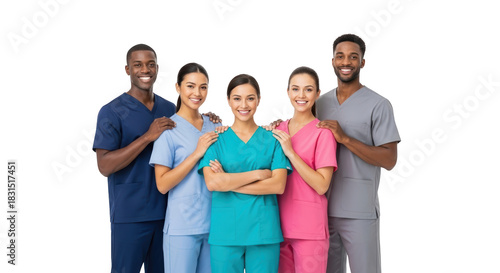 High resolution diverse medical team smiling together design mockup featuring medical, team, healthcare on clean white background for product presentation use