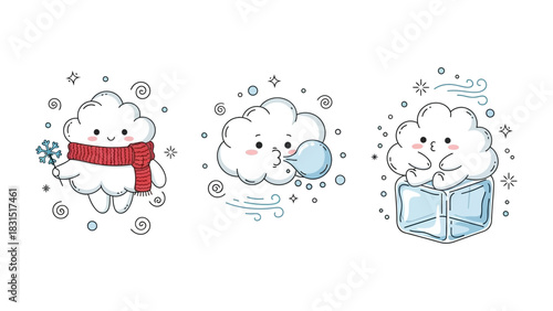 Playful weather characters : charming cartoon clouds. each cloud embodies a different weather condition, creating a delightful scene that appeals to all ages.