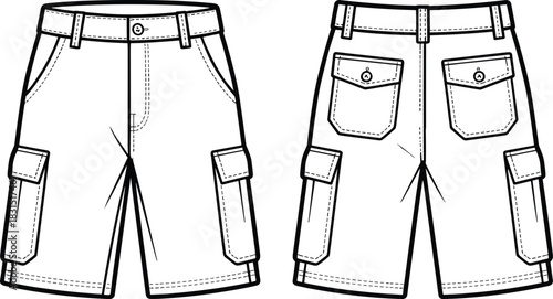 Vector cargo shorts, tactical pocket pants, utility workwear fashion, outdoor clothing illustration, streetwear style, summer casual apparel, graphic design asset, isolated flat sketch template