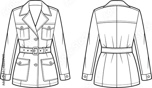 Women trench coat illustration, belt waist jacket sketch, front, back view, double lapel collar, button pockets, winter outerwear, minimalist fashion drawing, clothing design art