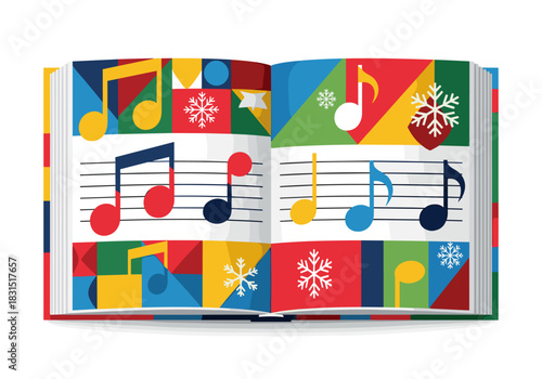 Colorful Christmas choir music book with notes and winter theme  