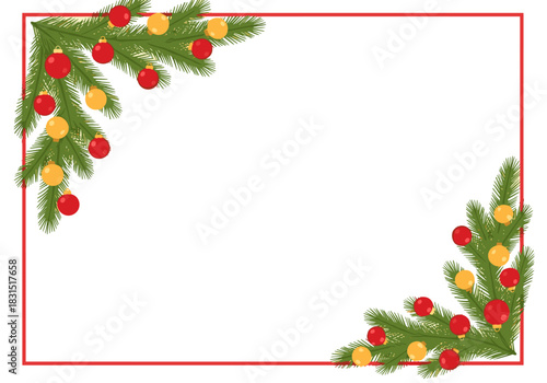 Christmas garland with red and yellow ornaments on white background  