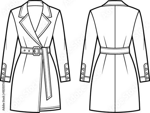 Women trench coat illustration, double view sketch, belted waist, lapel collar, long sleeve fashion drawing, classic outerwear line art, stylish winter coat design, minimalist apparel template