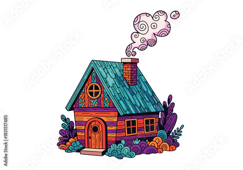 Colorful cartoon house with chimney and whimsical smoke rising  