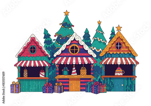 Colorful Christmas market stalls with trees and gifts in winter  
