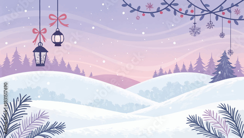 Vector christmas illustration of a winter landscape with snow covered hills and hanging lanterns and snowflakes decor