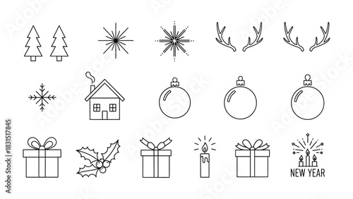 Christmas Icon Set: A delightful collection of minimalist line icons captures the essence of the festive season, conveying joy, warmth, and the magic of celebration.
