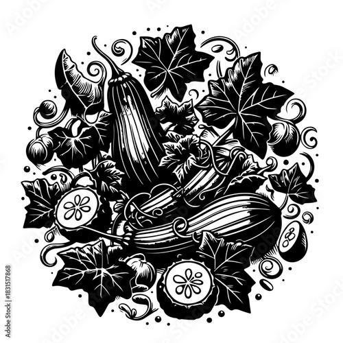 Monochrome illustration of zucchini and cucumber vegetables with leaves and vines in a circular design