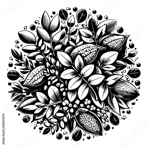 Botanical arrangement featuring leaves, pods and berries in black and white illustration style
