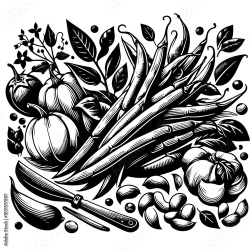 Illustration of pumpkins, green beans, tomatoes, garlic, leaves, and a knife in black and white style