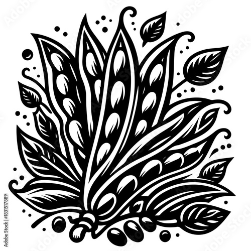 Illustration of stylized pea pods with leaves and berries in black and white design style