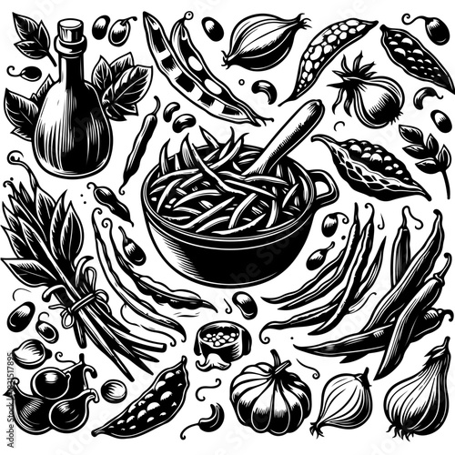 Illustration of various beans, pods, garlic, onions, and a bottle in a detailed black and white style