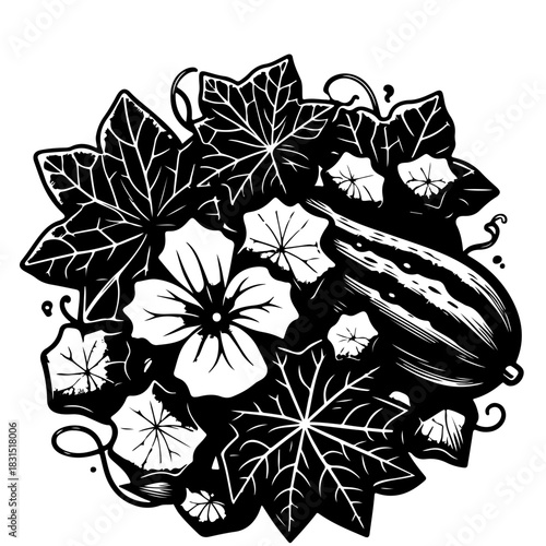 Illustration of a cucumber surrounded by leaves and flowers in a black and white design style