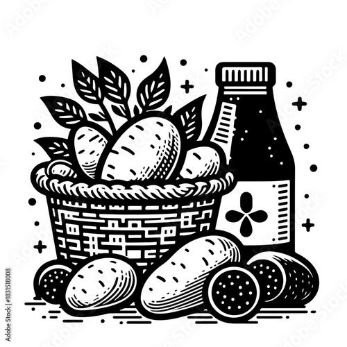 A basket filled with potatoes and leafy greens next to a bottle in a black and white line drawing style