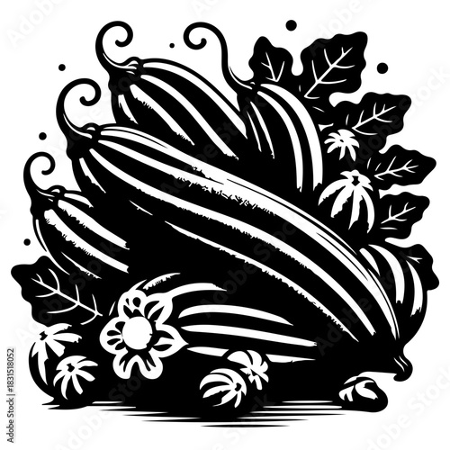 Illustration of a group of striped gourds with leaves and flowers in black and white graphic style