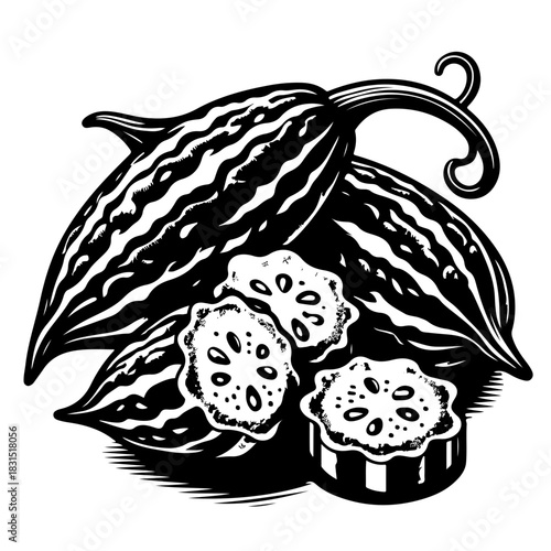 Illustration of bitter melons with sliced pieces showing seeds in a monochrome black and white style