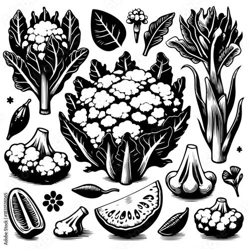 Illustration of various cauliflower heads and leafy vegetables in black and white style art