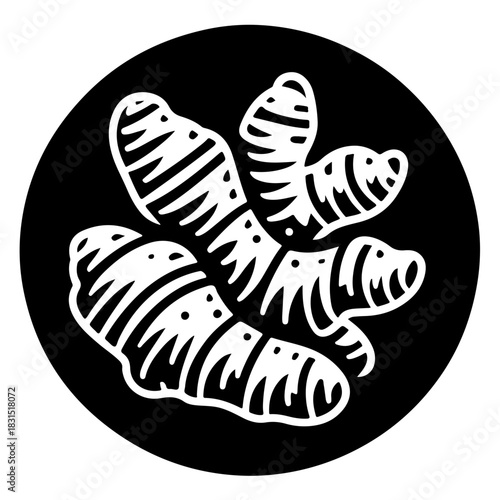 Illustration of a ginger root with segmented sections in white against a black circular background