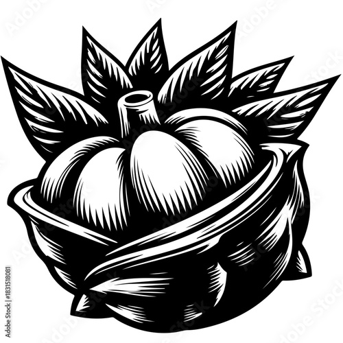 Illustration of a stylized artichoke with leaves in black and white woodcut style vector drawing
