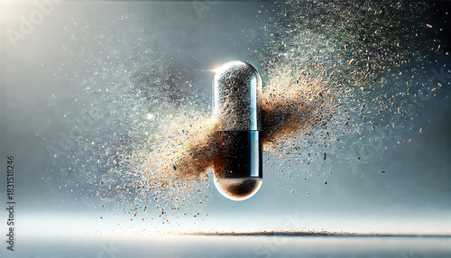 a transparent two-tone pharmaceutical capsule suspended in mid-air