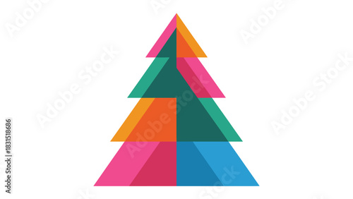 Colorful Christmas Tree Illustration: A festive geometric illustration of a Christmas tree is made up of overlapping colorful triangles, radiating holiday cheer and design.