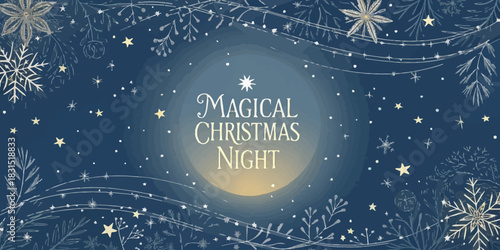 Vector christmas a magical christmas night with snowflakes and stars on a dark blue background with a glowing center