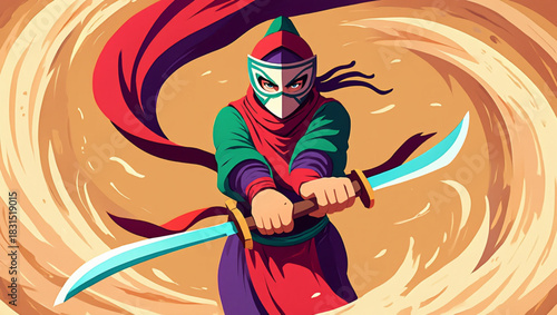 Warrior with dual swords and flowing cape in a swirling vortex