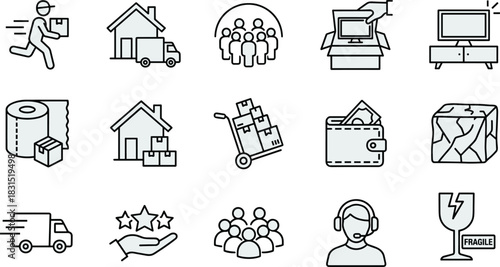 Professional Moving and Delivery Service Icons: Home Relocation, Fragile Shipping, Customer Support, and E-commerce Logistics Vector Set, Outline Style