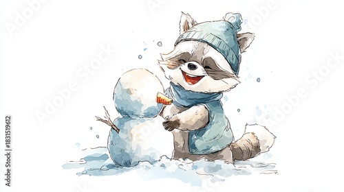 A cheerful raccoon in a blue hat plays in the snow, joyfully building a snowman amidst a wintery scene.
