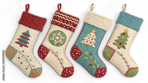 Vector christmas a festive display of four christmas stockings each uniquely decorated with holiday themed designs and patterns