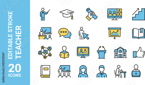 Teacher and education icon set featuring classroom learning, digital teaching tools, academic success symbols, school elements
