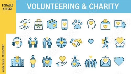 Volunteering and charity icon set highlighting community support, humanitarian aid, donation services, social care, teamwork symbols, kindness actions