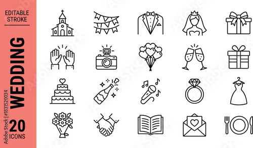 Wedding celebration icon set featuring ceremony elements, romantic symbols, bridal accessories, party decorations, marriage essentials, and event graphics for invitations