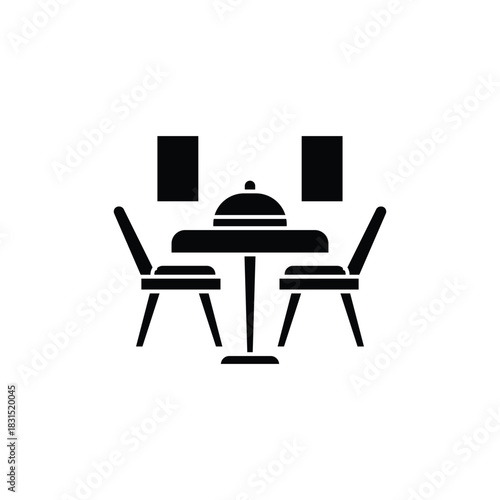 Black silhouette icon of a dining table with two chairs and a cloche, representing a restaurant or romantic dinner setting.