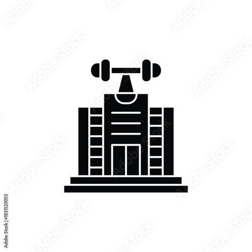 Black silhouette icon of a gym building with a dumbbell on top, symbolizing fitness and exercise.
