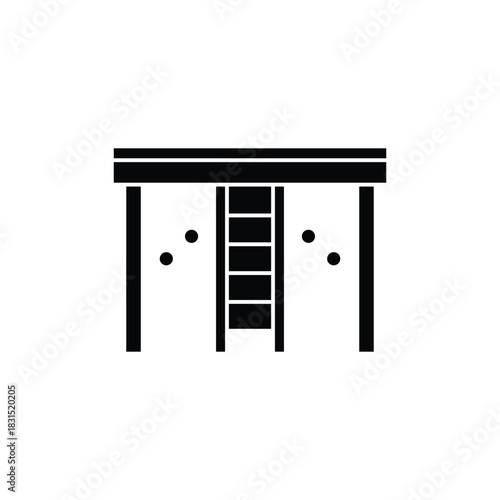 Simple black silhouette icon of a children's playground structure with a central ladder and two side openings, resembling a bunk bed or playhouse.