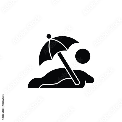 Black silhouette icon of a person relaxing on a beach under an umbrella with the sun, symbolizing summer vacation and leisure.