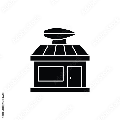 Black silhouette icon of a coffee shop building with a stylized coffee bean on the roof.