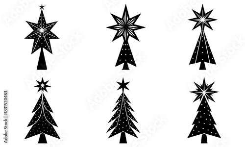 Festive Christmas tree toppers vector icons, elegant star decorations for holiday season design projects, creating a magical winter wonderland atmosphere