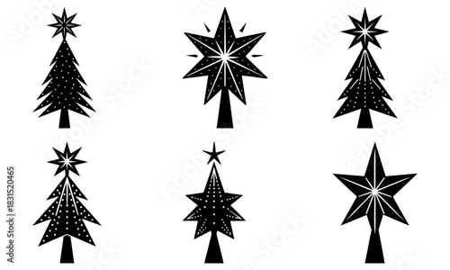 Elegant Christmas tree collection with star toppers, perfect for holiday designs, cards, and seasonal greetings, originally created as scalable vector art