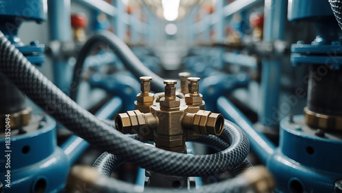 Explore advanced industrial plumbing system with gold valves and blue piping