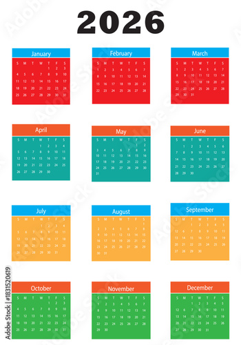 Calendar and planner 2026 year, schedule month calender, American organizer template. Week starts on Sunday. Business personal page. Modern simple dairy for USA. Vector illustration
