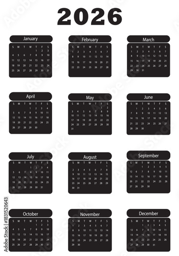 Calendar and planner 2026 year, schedule month calender, American organizer template. Week starts on Sunday. Business personal page. Modern simple dairy for USA. Vector illustration