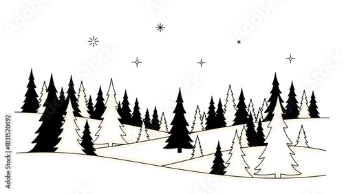 Winter Forest Landscape with Snow and Stars.