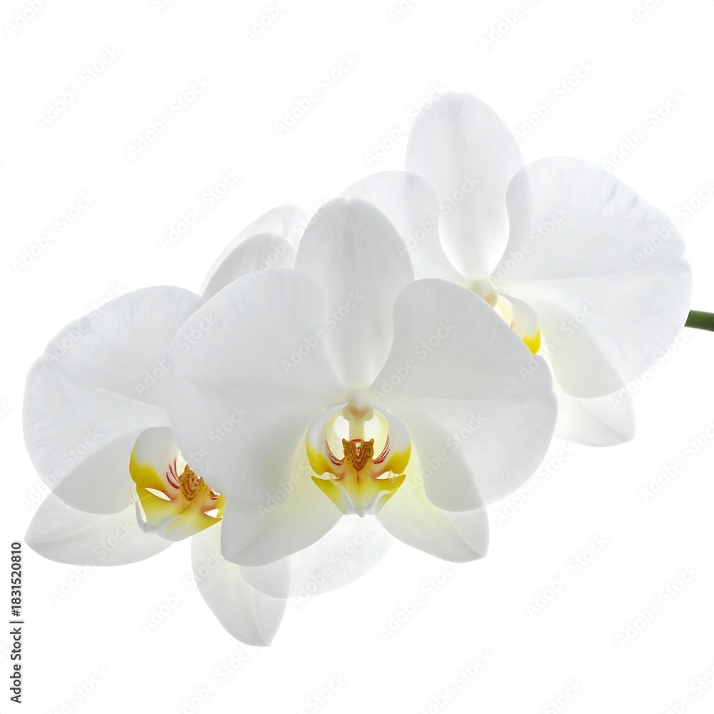 Obraz premium Elegant White Orchid Blooms in Delicate Detail on White Background.