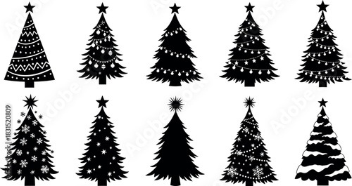 A vector set of green Christmas pine trees with snow and holiday decorations for the winter season