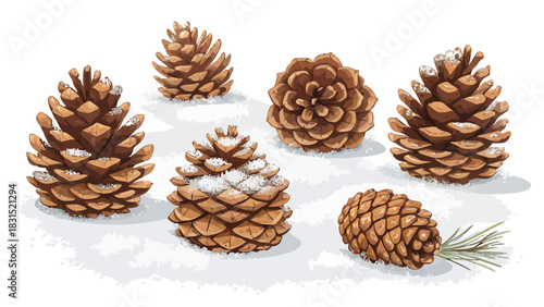 Vector christmas illustration of seven pine cones scattered on a snowy surface with a white background artfully done