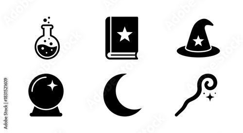 Magical wizardry and alchemy icons set for fantasy designs.